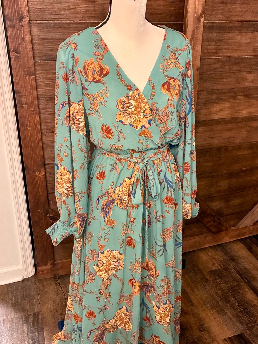 bohme Aqua Floral Wrap Maxi Dress with Yellow & Orange Blooms
